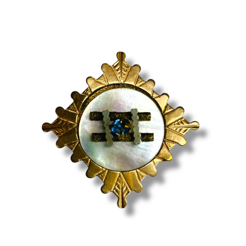 Vintage Metal Pendant Pin Brass Mother of Pearl Dimensional 1.5"